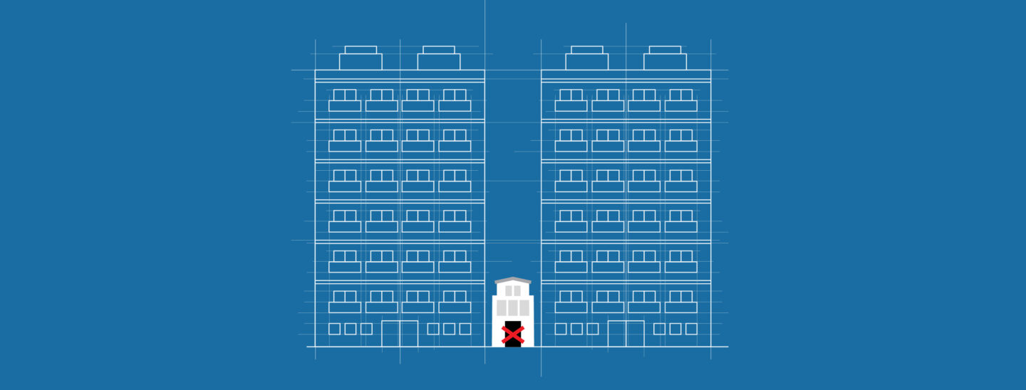 Blueprint of two high-rise buildings surrounding a smaller house marked with a red "x."