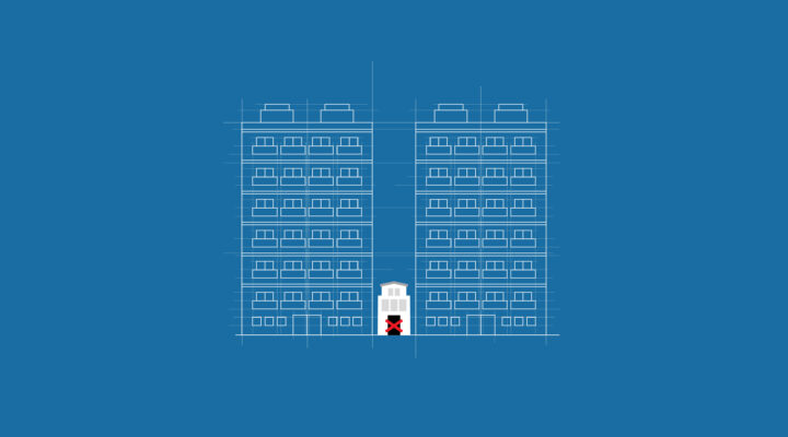 Blueprint of two high-rise buildings surrounding a smaller house marked with a red 